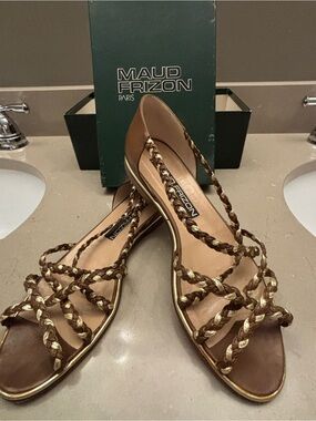Vintage MAUD FRIZON Brown Braided Leather Sandals with Gold Accents